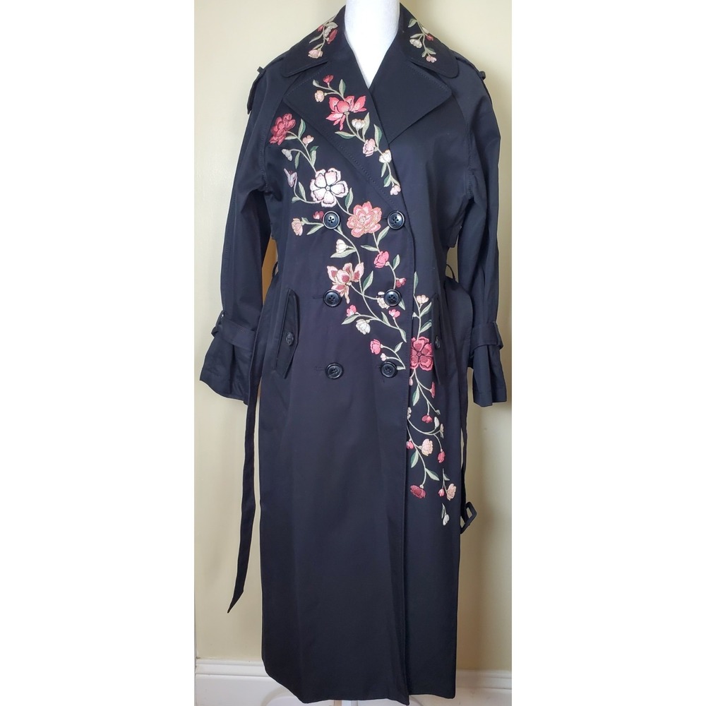 Kate Spade New York Madison Ave XXS Black Embroidered Pink Floral‎ Trench Coat - Picture 6 of 15